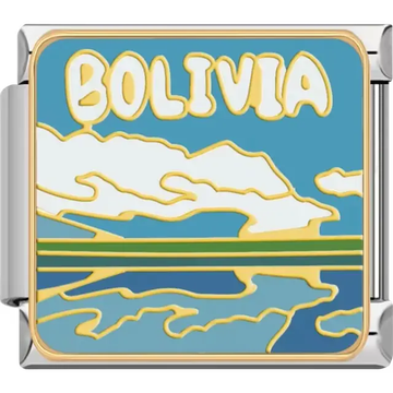 Blue and gold "Bolivia" text with white clouds and reflective golden landscape Italian charm bracelet link
