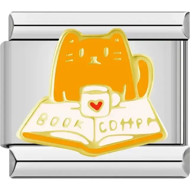 Yellow cat design with an open book and a white mug with a heart Italian charm bracelet link