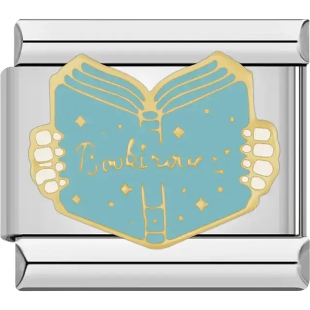 Blue open book with "Booklover" text in gold accents Italian charm bracelet link