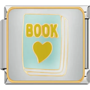 Light blue book with gold "BOOK" text and heart design Italian charm bracelet link