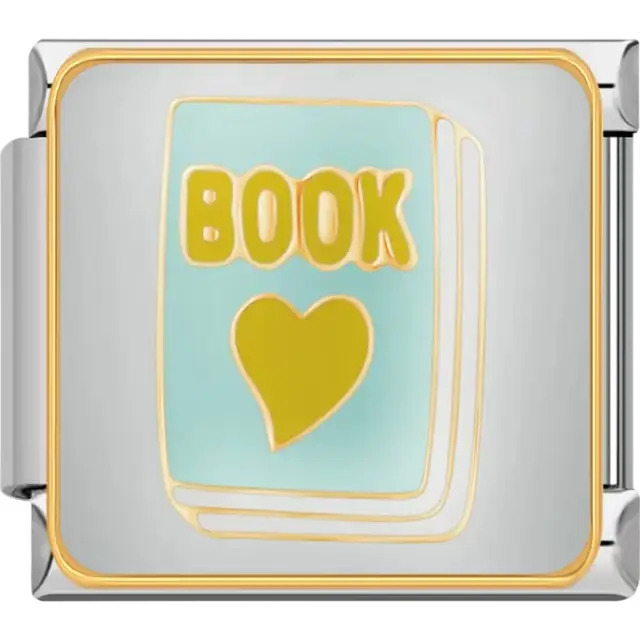Light blue book with gold "BOOK" text and heart design Italian charm bracelet link