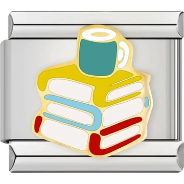 Stack of colorful books design with a coffee mug on top Italian charm bracelet link