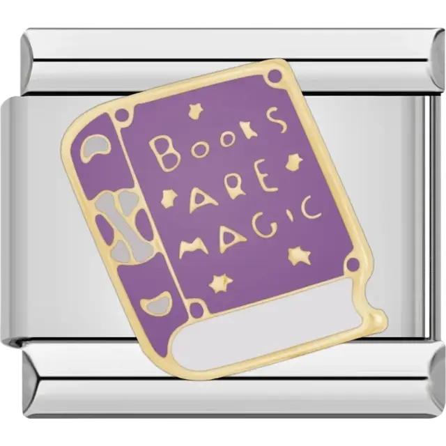 Purple book with ‘Books Are Magic’ text and stars Italian charm bracelet link