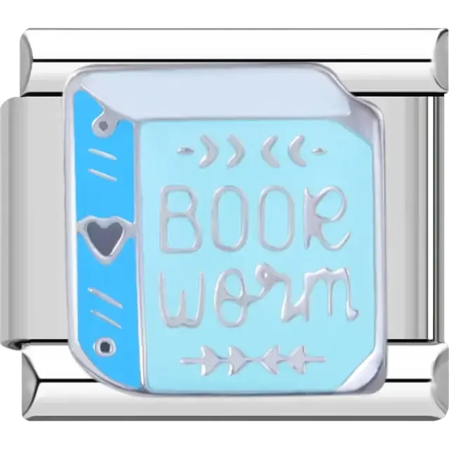 Blue and light blue book charm with “Bookworm” text Italian charm bracelet link