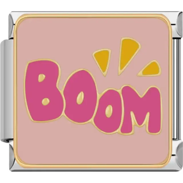 Pink "BOOM" text with yellow burst details on a light pink background Italian charm bracelet link