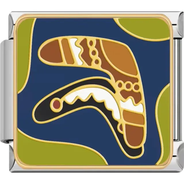 Two brown and white patterned boomerangs with blue and green background Italian charm bracelet link