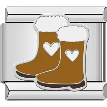 Brown boots with white trim and heart Italian charm bracelet link