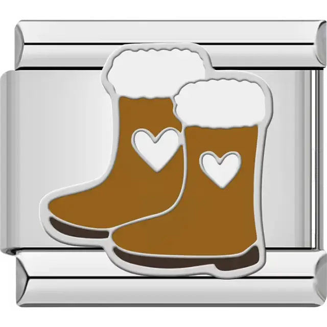 Brown boots with white trim and heart Italian charm bracelet link