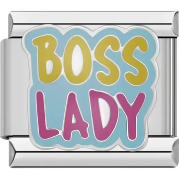 "Boss Lady" text in mustard yellow and pink on a light blue background Italian charm bracelet link