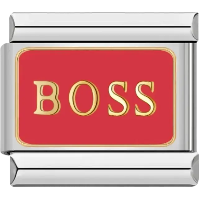 “Boss” text on a red Italian charm bracelet link