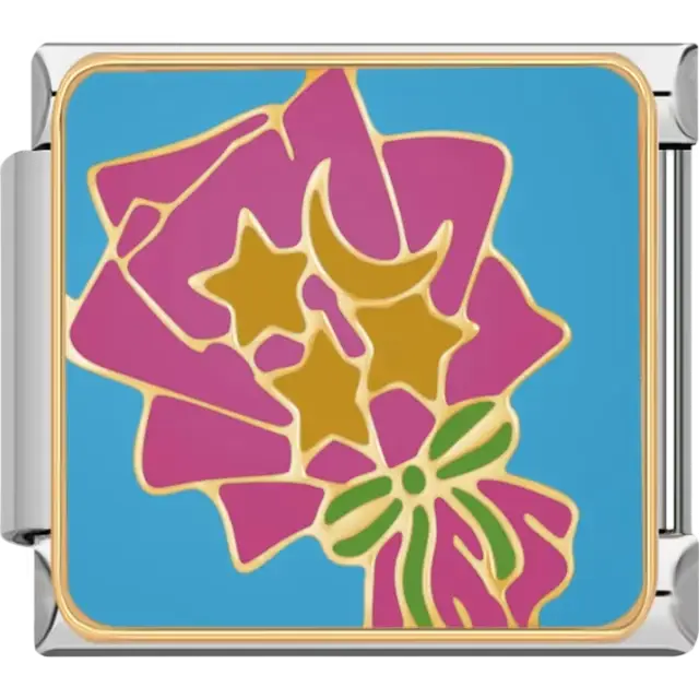 Pink bouquet with gold stars crescent moon and green ribbon Italian charm bracelet link