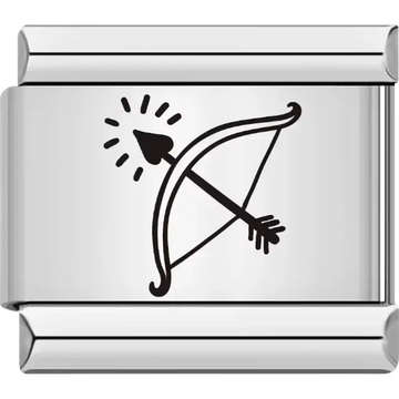 Black bow and arrow design with radiating lines near the arrowhead Italian charm bracelet link