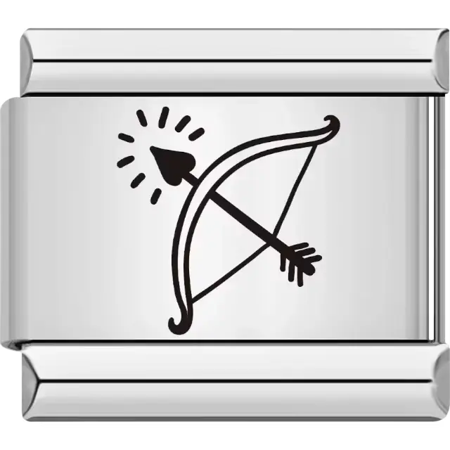 Black bow and arrow design with radiating lines near the arrowhead Italian charm bracelet link