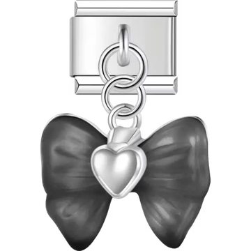 Black bow drop with central silver heart Italian charm bracelet link