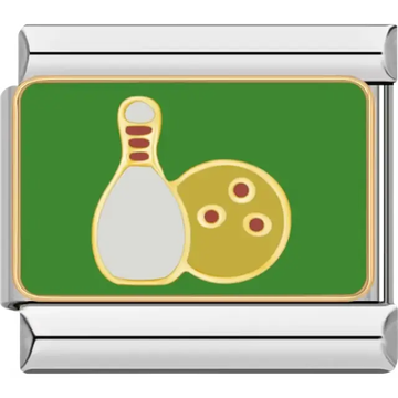 Gold-outlined bowling pin and ball on a green background Italian charm bracelet link