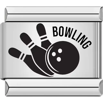 Black bowling pins and ball design with "BOWLING" text Italian charm bracelet link