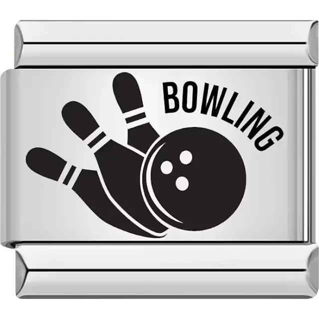 Black bowling pins and ball design with "BOWLING" text Italian charm bracelet link