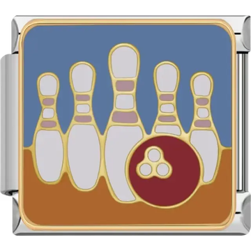 Red bowling ball with white pins and gold outline design Italian charm bracelet link