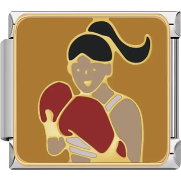 Gold and beige boxer with red gloves black hair and brown background Italian charm bracelet link