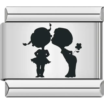 Silhouette of a boy holding a flower kissing a girl with pigtails Italian charm bracelet link