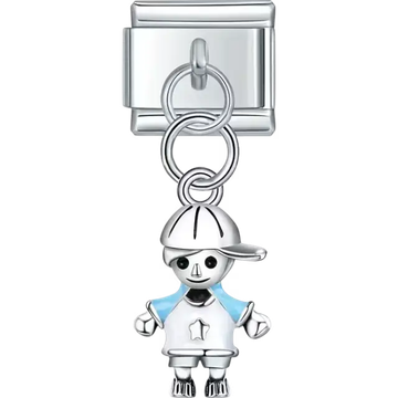Boy pendant wearing a blue and white outfit with a star detail and a cap Italian charm bracelet link