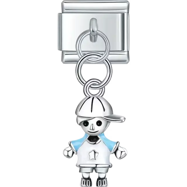 Boy pendant wearing a blue and white outfit with a star detail and a cap Italian charm bracelet link