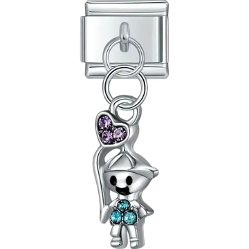 Boy charm with blue crystals in shirt and purple heart detail Italian charm bracelet link