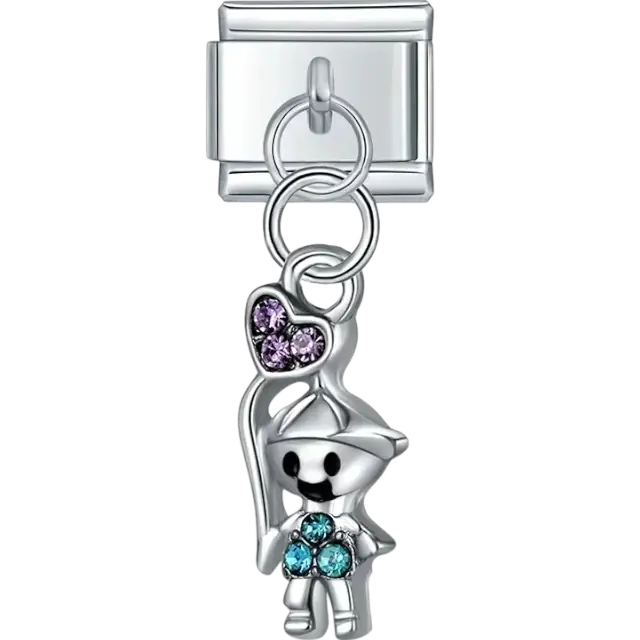 Boy charm with blue crystals in shirt and purple heart detail Italian charm bracelet link