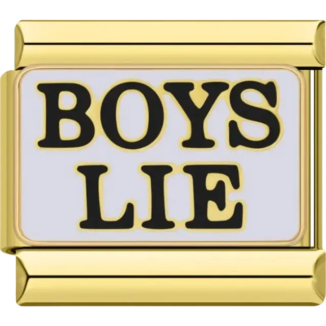 “Boys Lie” text in bold black with a golden outline Italian charm bracelet link
