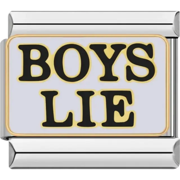 “Boys Lie” text in bold black with a golden outline Italian charm bracelet link
