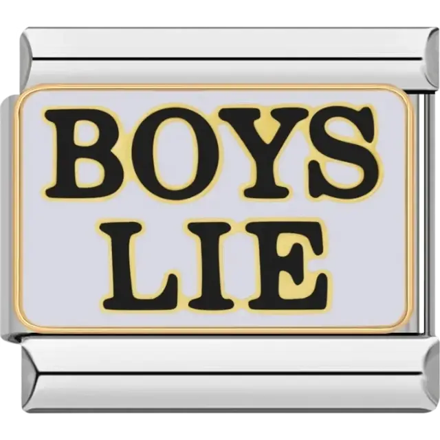 “Boys Lie” text in bold black with a golden outline Italian charm bracelet link