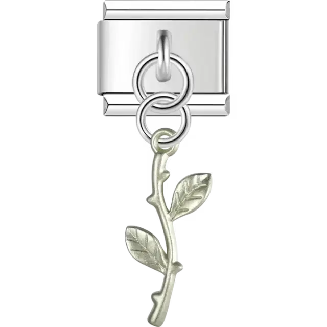 Green branch design with leaf accents Italian charm bracelet link