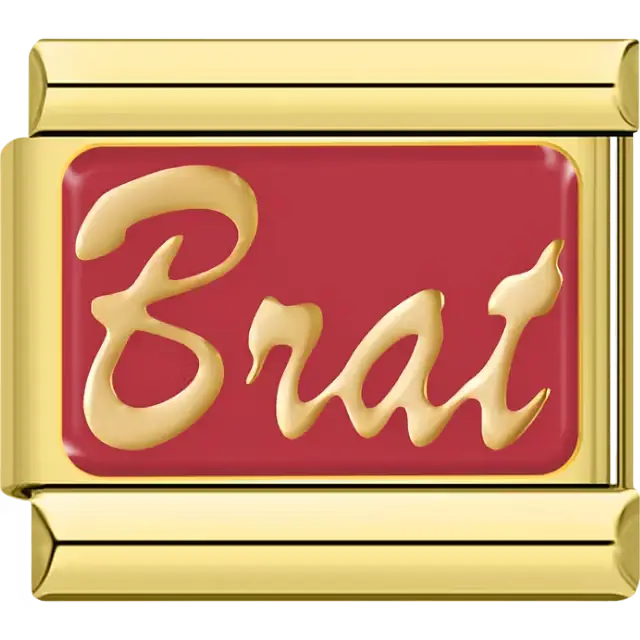 Gold "Brat" text on red background Italian charm bracelet link