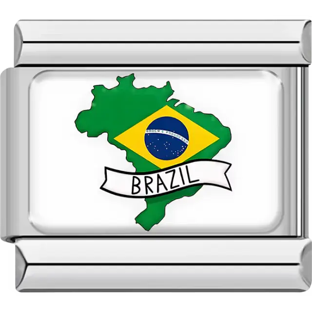 Map of Brazil in green with yellow diamond and blue globe flag design, "BRAZIL" banner Italian charm bracelet link