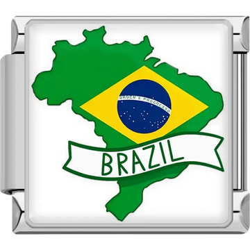 Green map of Brazil yellow diamond blue globe white banner Brazil text Brazil map flag Italian charm bracelet link