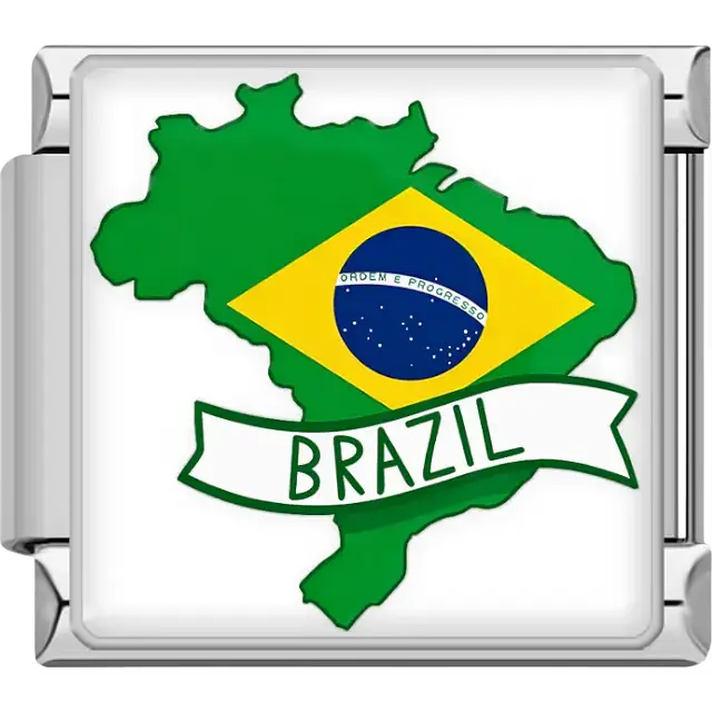 Green map of Brazil yellow diamond blue globe white banner Brazil text Brazil map flag Italian charm bracelet link