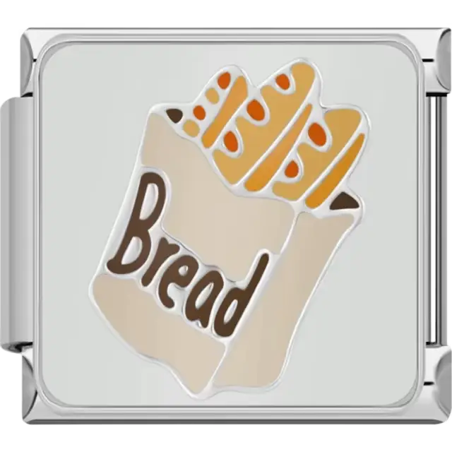 Tan bag with brown text and orange bread loaf details Italian charm bracelet link