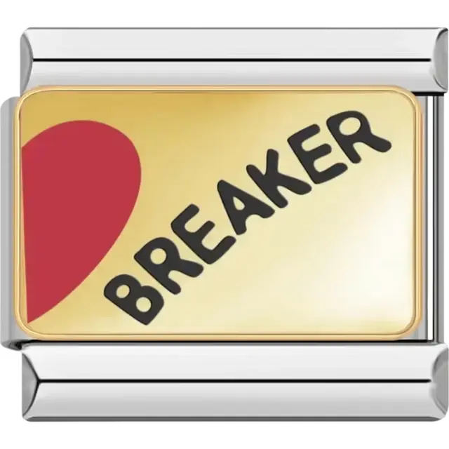 Gold link with a red heart and the word Breaker in black Italian charm bracelet link