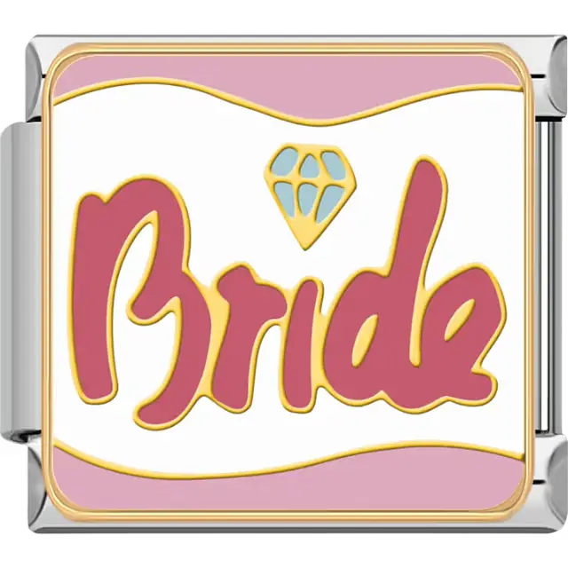 Pink "Bride" text with diamond icon on white background with pink border Italian charm bracelet link