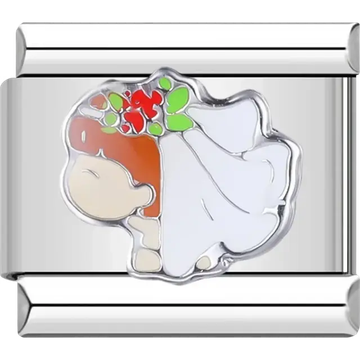 Bride with a flowing white veil and red flower accents Italian charm bracelet link