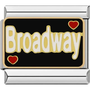 Black charm with gold “Broadway” text and red heart details Italian charm bracelet link