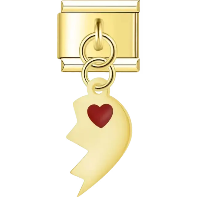 White broken heart with red heart detail dangle Italian charm bracelet link