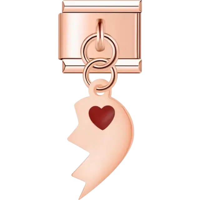 White broken heart with red heart detail dangle Italian charm bracelet link