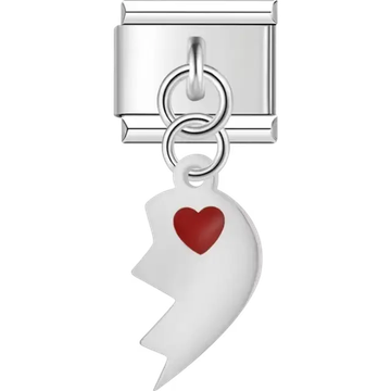 White broken heart with red heart detail dangle Italian charm bracelet link