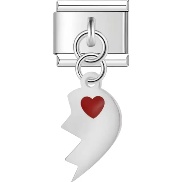 White broken heart with red heart detail dangle Italian charm bracelet link
