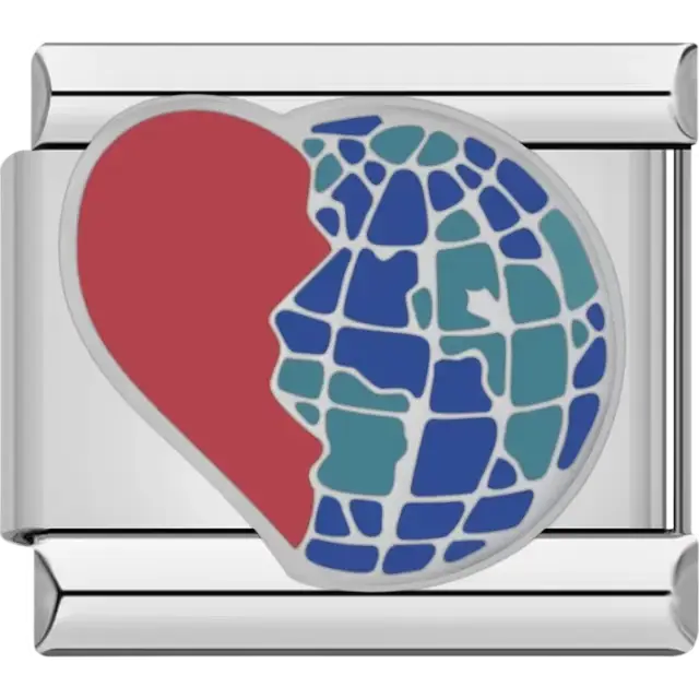 Red half-heart combined with a blue and green mosaic-style globe pattern Italian charm bracelet link