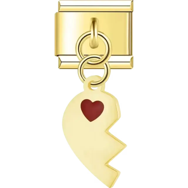 White broken heart half with red heart detail dangle Italian charm bracelet link