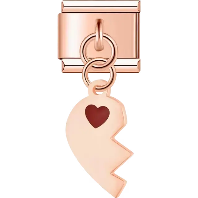 White broken heart half with red heart detail dangle Italian charm bracelet link