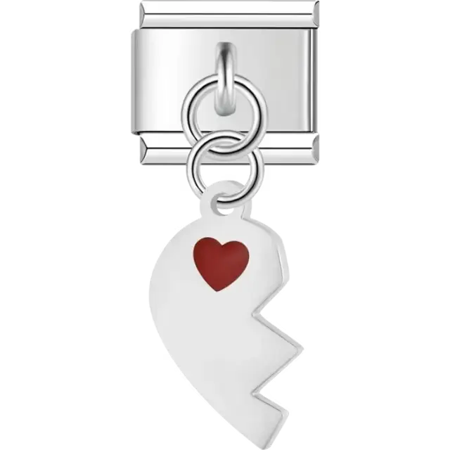 White broken heart half with red heart detail dangle Italian charm bracelet link
