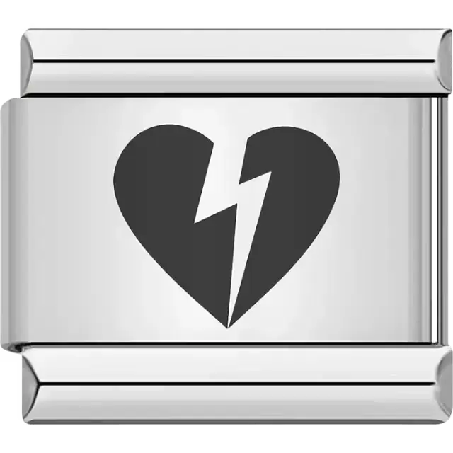 Black heart with lightning bolt symbol Italian charm bracelet link